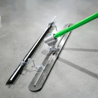 Metex Fresno broom with trowel, bull float bracket and swaged handle side view