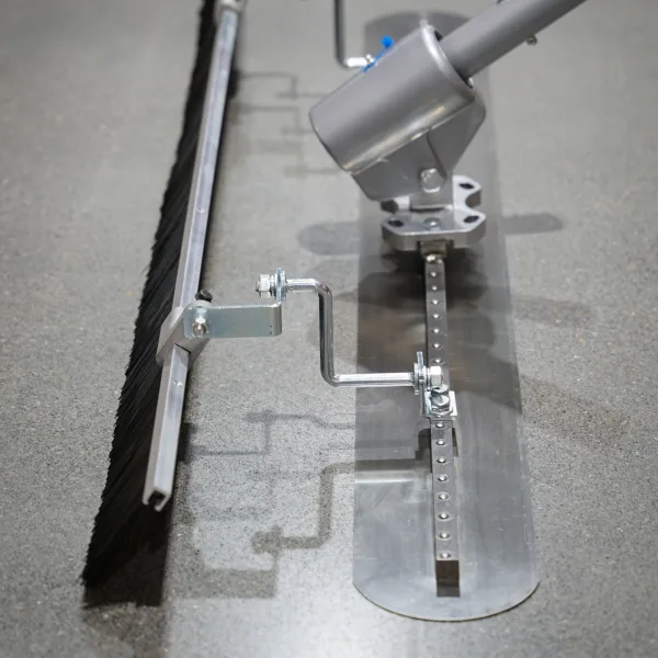 Metex Fresno broom with trowel and bull float bracket side view close up
