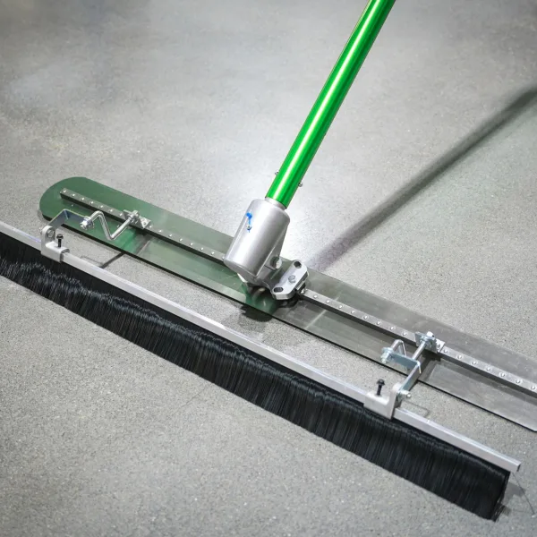 Metex Fresno broom with trowel, bull float bracket and swaged handle front view