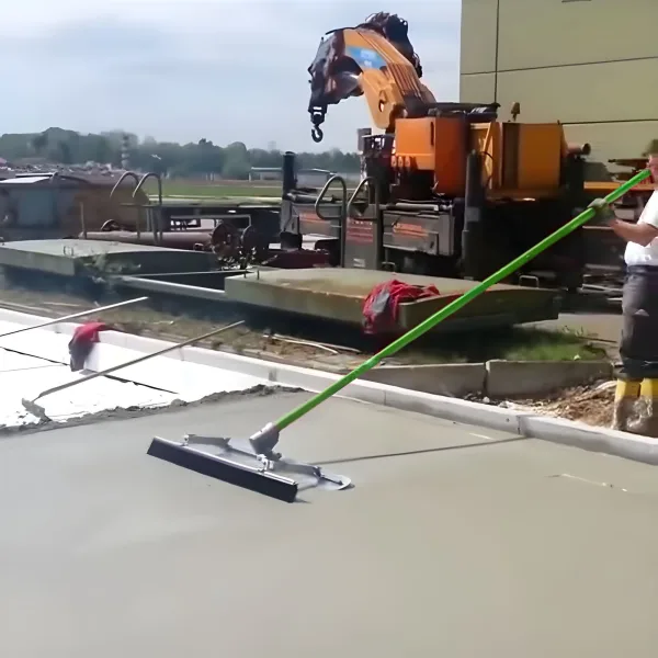 Metex Fresno broom with trowel, bull float bracket and swaged handle in use on a concrete slab